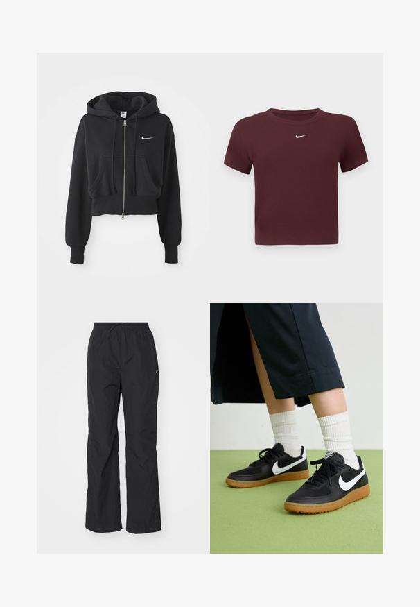 Juoda apkirpta gobtuvė, pagaminta iš medvilnės mišinio, su priekyje užtrauktuku, dviem kišenėmis, raišteliu ant gobtuvo ir balta Nike logo krūtinėje.; Bordo medvilnės mišinio marškinėliai trumpomis rankovėmis, su gumuline tekstūra ir baltu Nike logotipu ant krūtinės. Paprastas apvalus kaklas, trumpas dizainas.; Juodi, lengvi kelnės su elastinga juosmens juosta ir virvele. Yra struktūrizuotas paviršius ir mažas atspindintis logotipas šone.; Juodos odinės ir sintetinių medžiagų sportbačiai su balta Nike swoosh, guminis padas, apvalus pirštas ir juodi raišteliai. Matomos banguotos baltos kojinės.
