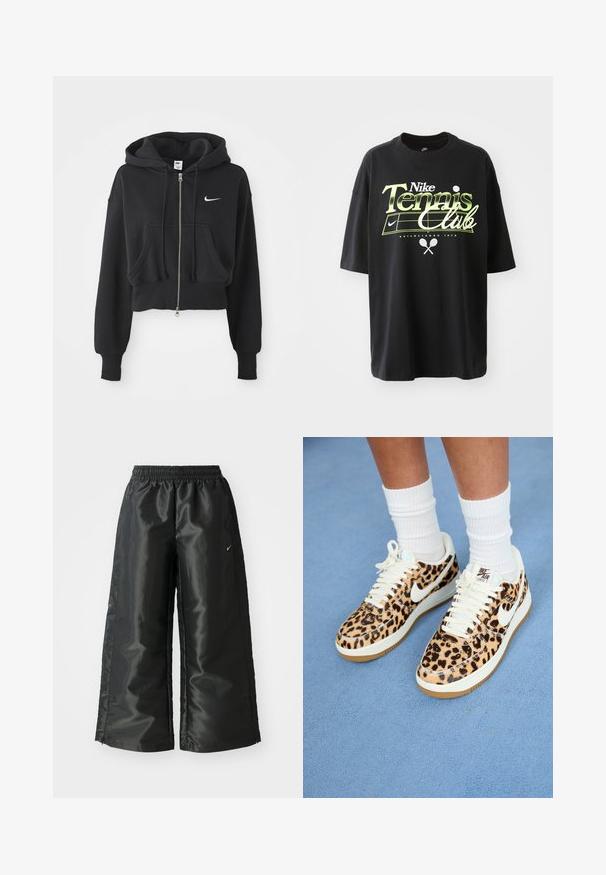 Moletom preto cortado feito de uma mistura de algodão, com fecho à frente, dois bolsos, capuz com cordão e um logo da Nike em branco no peito.; T-shirt preta de algodão com mangas curtas, apresentando um gráfico em verde e branco "Nike Tennis Club", ilustrações de bola de ténis e raquete.; Calças atléticas pretas com um tecido brilhante e suave, apresentando uma cintura elástica, pernas largas e um pequeno logotipo do lado esquerdo.; Ténis Nike Air Force 1 com padrão de leopardo, com atacadores brancos e swoosh, apresentando uma sola de borracha bege e parte superior texturizada. Meias brancas à vista.