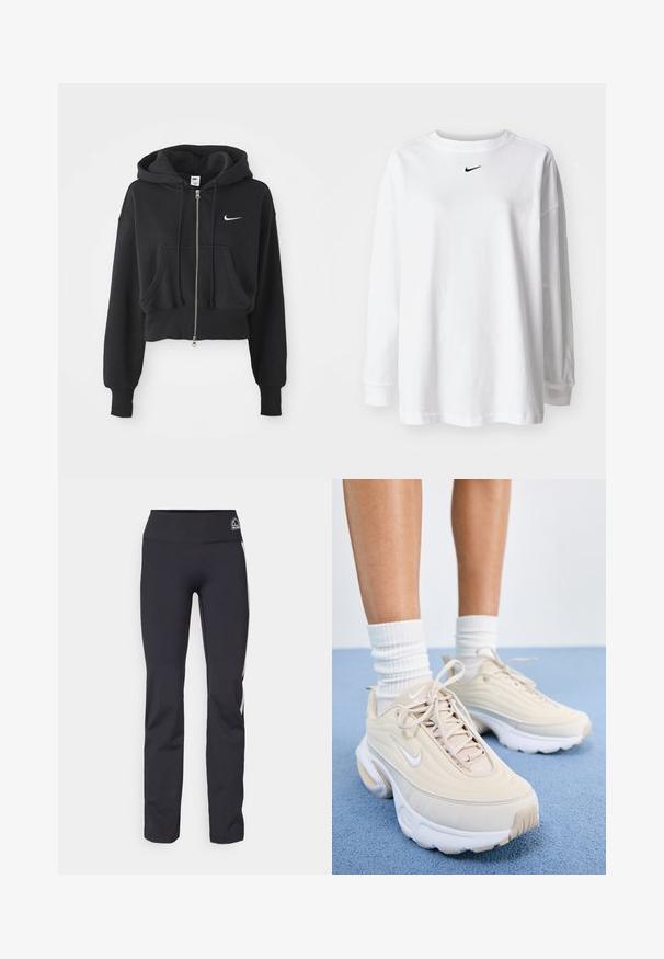 Cropped black hoodie made of cotton blend, featuring a front zip, two pockets, drawstring hood, and a Nike logo in white on the chest.; White long-sleeve t-shirt made of cotton, featuring a round neckline and a small black Nike logo on the chest. Simple design, relaxed fit.; Black stretch fabric pants with a high waistband, featuring a subtle logo and contrasting side stripes. Smooth texture, tailored fit.; Beige athletic shoes with a textured upper, white laces, and a thick white sole. The design features subtle curves and a small logo.