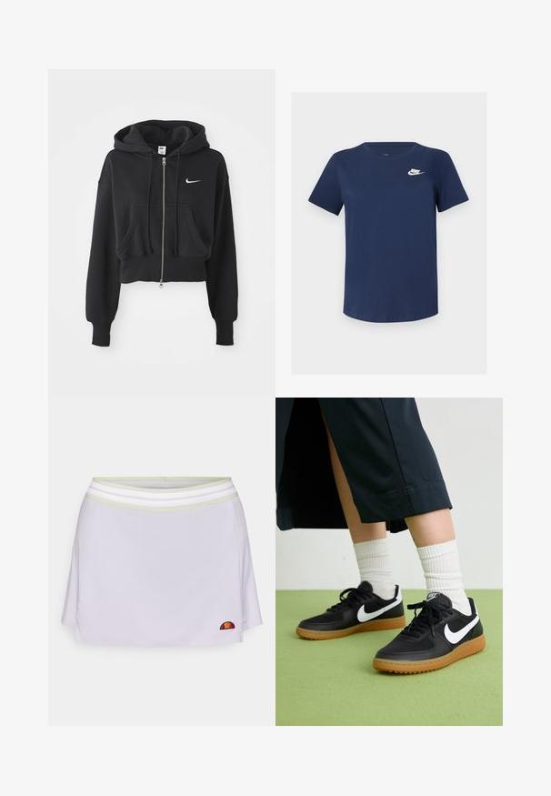 Fekete, rövidített kapucnis pulóver pamut keverékből, elöl zipzárral, két zsebbel, húzózsinóros kapucnival és fehér Nike logóval a mellrészen.; Sötétkék pamut póló kerek nyakkal, rövid ujjakkal, bal mellkason fehér Nike logóval. Simára kidolgozott textúra, egyszerű dizájn.; Ibolya színű sport szoknya hálós derékkal, fehér és zöld csíkokkal. A jobb alsó sarokban egy kis hímzett logó található.; Fekete bőr és szintetikus sneakers, fehér Nike logo-val, gumi talppal, kerek orral és fekete fűzővel. Csíkos fehér zokni látható.