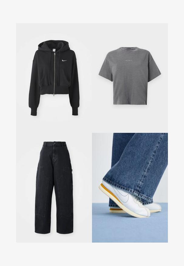 Lühi must puhvka, mis on valmistatud puuvilla segust, ees lukuga, kahe tasku, reguleeritava kapuutsiga ja valge Nike logo rinnal.; Hallist lühikeste varrukatega lühikeses T-särgis, millel on ümar kaelus ja väike keskel asuv valge "carhartt" logo ees.; Mustad denim laiad sääred cargo püksid kõrge vöökoht, kahe suure ees oleva taskuga ja nööpkinni klõpsuga vöökoht. Sile tekstuur, kõrvaline kujundus.; Valged nahast tennisetossud kollaste aktsentidega, ümar varvas ja tekstuuriga kummist tald, sobitatud tumehelesiniste laienevate pükstega.