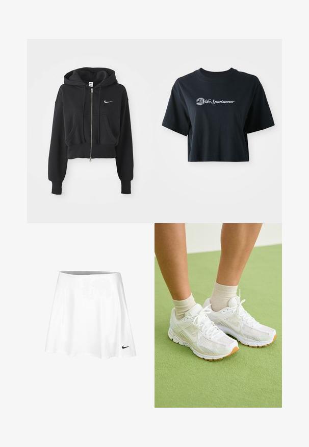 Lyhennetty musta huppari, joka on valmistettu puuvillasekoitteesta, ja siinä on edessä vetoketju, kaksi taskua, nyörillinen huppu sekä valkoinen Nike-logo rinnassa.; Mustat puuvillaiset t-paidat, joissa on lyhyet hihat, etupuolella valkoiset tekstit "Vice Sportswear" ja ympyräkuvio.; Valkoinen tennis-hame, joka on valmistettu kevyestä kankaasta, ja siinä on kellotettu muotoilu sekä joustava vyötärö. Pieni musta Nike-logo sijaitsee helman kohdalla.; Valkoiset urheilujalkineet, joissa on verkkokangasta, kumipohjat ja beige-yksityiskohdat. Yhdistetty vaaleanvärisiin sukkiin vihreällä pinnalla.