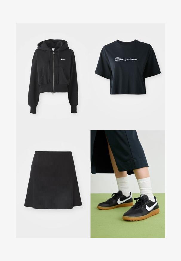 Juoda apkirpta gobtuvė, pagaminta iš medvilnės mišinio, su priekyje užtrauktuku, dviem kišenėmis, raišteliu ant gobtuvo ir balta Nike logo krūtinėje.; Trumpa juoda medvilnė t-shirt su trumpomis rankovėmis, su balta etikete "Vice Sportswear" ir apskritu grafiku priekyje.; Juoda raukšlėta mini sijonas su platėjančiu apvadu, turintis tekstūruotą paviršių ir prigludusią liemenį, pagamintas iš tamprios medžiagos.; Juodos odinės ir sintetinių medžiagų sportbačiai su balta Nike swoosh, guminis padas, apvalus pirštas ir juodi raišteliai. Matomos banguotos baltos kojinės.