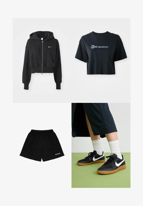 Kuttet svart hettegenser laget av bomullsblanding, med frontglidelås, to lommer, snorhette og et hvitt Nike-logo på brystet.; Kuttet svart bomull t-skjorte med korte ermer, med hvit tekst "Vice Sportswear" og en sirkulær grafikk på fronten.; Svarte shorts laget av bomull, med elastisk midje, sidelommer og hvit "PEGADOR" logo trykket foran.; Sorte lær- og syntetiske joggesko med hvit Nike swoosh, gummisåle, rund tå og sorte lisser. Ribbet hvite sokker synlige.