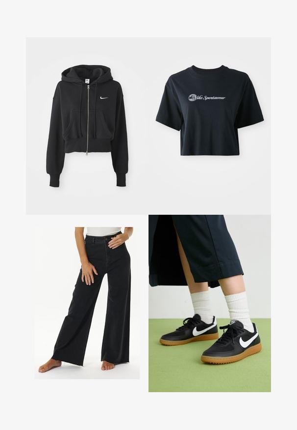 Cropped black hoodie made of cotton blend, featuring a front zip, two pockets, drawstring hood, and a Nike logo in white on the chest.; Cropped black cotton t-shirt with short sleeves, featuring white text "Vice Sportswear" and a circular graphic on the front.; High-waisted black wide-leg jeans made of denim, featuring a button and zipper closure, with raw hem detailing and side seam pockets.; Black leather and synthetic sneakers with white Nike swoosh, rubber gum sole, round toe, and black laces. Ribbed white socks visible.