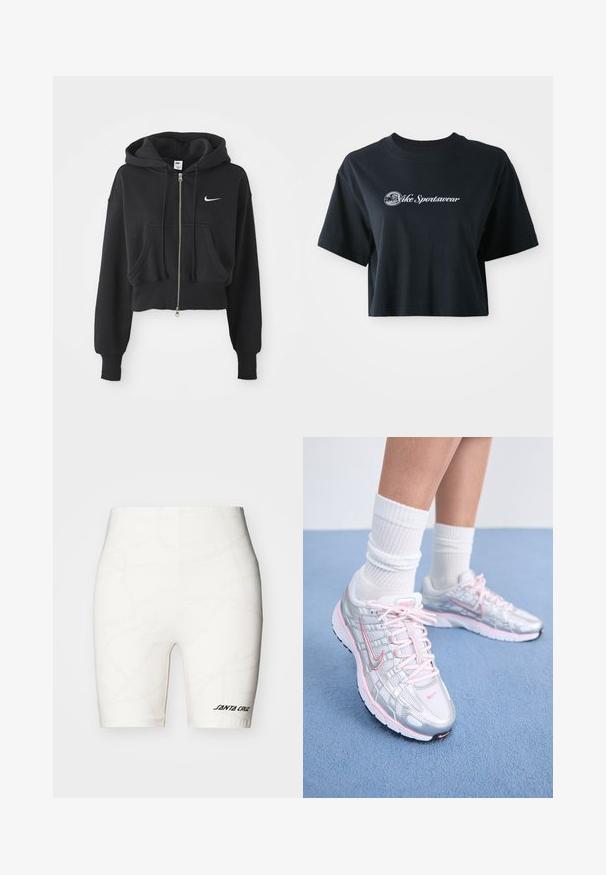 Juoda apkirpta gobtuvė, pagaminta iš medvilnės mišinio, su priekyje užtrauktuku, dviem kišenėmis, raišteliu ant gobtuvo ir balta Nike logo krūtinėje.; Trumpa juoda medvilnė t-shirt su trumpomis rankovėmis, su balta etikete "Vice Sportswear" ir apskritu grafiku priekyje.; Baltos dviratininkų šortai su subtiliu vinimi panašiu raštu, elastinga juosta ir juodu "SANTA CRUZ" logotipu apatinėje kairėje pusėje.; Nike bėgimo batai su sidabriniu tinkleliu ir rožiniais akcentais, balta raišteliu ir tekstūruotu padu. Dėvimi su baltais medvilniniais sportiniais kojiniais.