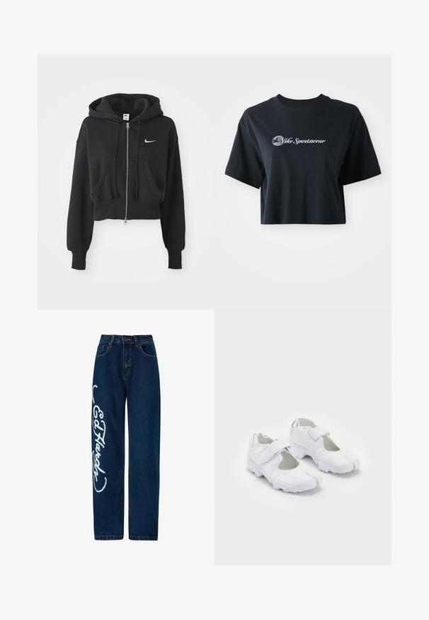 Sudadera negra recortada hecha de una mezcla de algodón, con cremallera frontal, dos bolsillos, capucha ajustable y un logo de Nike en blanco en el pecho.; Camiseta negra de algodón recortada con mangas cortas, que presenta el texto blanco "Vice Sportswear" y un gráfico circular en la parte delantera.; Jeans de denim azul oscuro con un corte relajado, que presentan grandes detalles en script blanco en la pierna izquierda y un diseño estándar de cinco bolsillos.; Zapatillas deportivas blancas con una parte superior texturizada, correa de Velcro ajustable, punta redondeada y una suela gruesa con un patrón de huella distintivo.