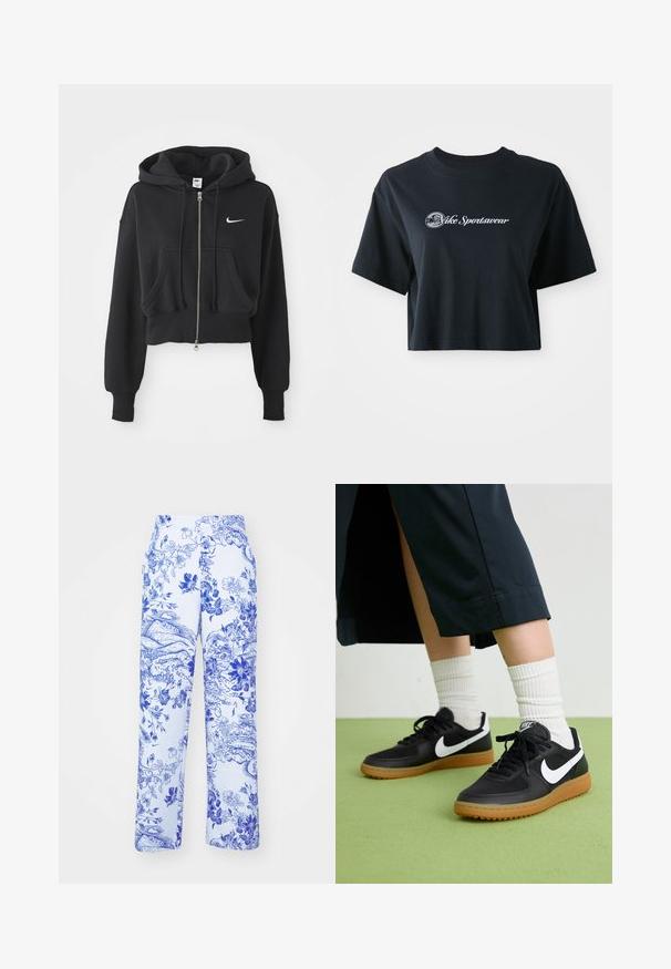 Juoda apkirpta gobtuvė, pagaminta iš medvilnės mišinio, su priekyje užtrauktuku, dviem kišenėmis, raišteliu ant gobtuvo ir balta Nike logo krūtinėje.; Trumpa juoda medvilnė t-shirt su trumpomis rankovėmis, su balta etikete "Vice Sportswear" ir apskritu grafiku priekyje.; Balti kelnės su mėlyna gėlių ir peizažo spauda, turinčios tiesias kojas ir šonines kišenes. Audinys turi tekstūruotą paviršių.; Juodos odinės ir sintetinių medžiagų sportbačiai su balta Nike swoosh, guminis padas, apvalus pirštas ir juodi raišteliai. Matomos banguotos baltos kojinės.