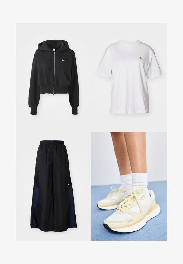 Moletom preto cortado feito de uma mistura de algodão, com fecho à frente, dois bolsos, capuz com cordão e um logo da Nike em branco no peito.; T-shirt branca de algodão com um corte descontraído, mangas curtas e um pequeno logótipo bordado na área do peito esquerdo.; Calças largas pretas feitas de tecido leve, com um painel lateral azul-marinho e cintura elástica. Pequeno logótipo branco na parte inferior.; Ténis Nike amarelo claro e branco com um cabedal em malha e couro, bico redondo, detalhes iridescentes e uma sola branca espessa.
