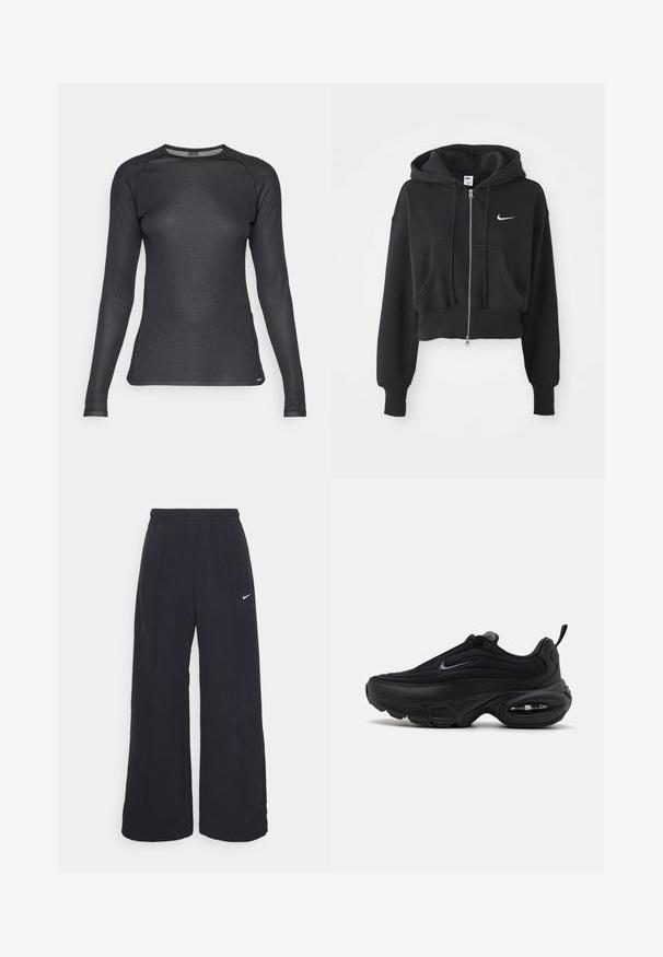 Zkrácená černá mikina z bavlněné směsi, s předním zipem, dvěma kapsami, kapucí na šňůrku a bílým logem Nike na hrudi.; Černé sportovní tričko s dlouhým rukávem vyrobené z texturované, prodyšné látky. Obsahuje kulatý výstřih a raglánové rukávy pro snadný pohyb.; Černé kalhoty s širokými nohavicemi, elastickým pasem a malým bílým logem Nike. Tkanina má hladkou strukturu, navrženou pro pohodlí a každodenní nošení.; Černá atletická bota s hladkým, texturovaným svrškem. Disponuje kulatou špičkou, polstrovaným límcem a viditelným vzduchovým odpružením v podešvi.