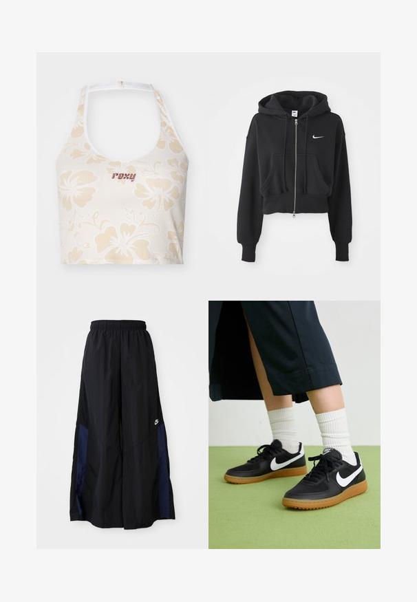 Kuttet svart hettegenser laget av bomullsblanding, med frontglidelås, to lommer, snorhette og et hvitt Nike-logo på brystet.; Blomsterprydd hvit crop top med beige hibiskusblomster og en brodert "Roxy" logo i mørkerød. Har en halskjede-design.; Svarte vide bukser laget av lett stoff, med et marineblått sidestykke og elastisk midjebånd. Liten hvit logo nederst.; Sorte lær- og syntetiske joggesko med hvit Nike swoosh, gummisåle, rund tå og sorte lisser. Ribbet hvite sokker synlige.