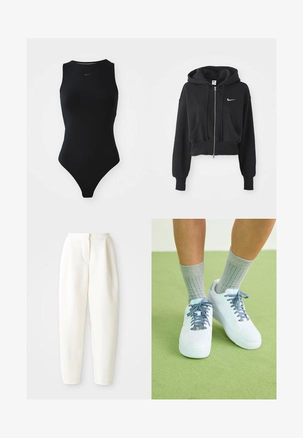 Fekete, rövidített kapucnis pulóver pamut keverékből, elöl zipzárral, két zsebbel, húzózsinóros kapucnival és fehér Nike logóval a mellrészen.; Fekete ujjatlan fürdőruha magas nyakkivágással, letisztult dizájnnal és Nike logóval a mellkasán. Sima, rugalmas anyagból készült.; Magas derékú, tapered fehér nadrág, rejtett elülső záródással és oldalsó zsebekkel, sima fehér háttér előtt bemutatva.; Fehér bőr sportcipő kék akcentusokkal, perforált orrdesignnal és texturált kék-fehér cipőfűzőkkel, szürke bordás zoknikkal viselve.