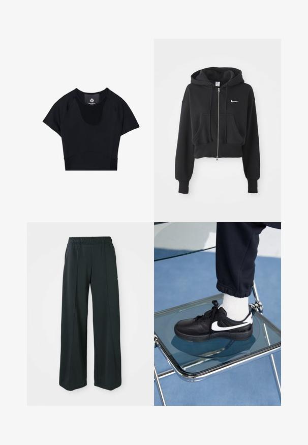 Korthvid sweatshirt i sort af bomuldsblanding, med frontlynlås, to lommer, hætte med snøre og et hvidt Nike-logo på brystet.; Sorte atletiske cropped top med korte ærmer, har en rund hals, teksturerede paneldetaljer og en tætsiddende design for et strømlinet look.; Sorte, brede atletiske bukser med elastisk talje. Lavet af glat, strækbart stof, med diskrete frontsyninger og ingen lommer.; Sorte Nike sneakers med hvide detaljer, der har en glat læderoverflade, snørebånd og rund tå, placeret på en glasstol.