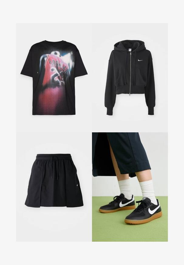 Skrajšana črna kapuca iz mešanice bombaža, z sprednjim zadrgo, dvema žepoma, kapuco na vezanje in belim Nike logotipom na prsih.; Črna bombažna majica s grafičnim tiskom igralca v rdeči majici z napisom "JORDAN" in številko "23", z blago zbledelim dizajnom.; Črna športna krilnica z elastičnim pasom in nastavljivo vezalko. Ima stranske razpoke, lahkotno blago in majhen logotip na robu.; Črne usnjene in sintetične superge z belim Nike swooshom, gumo na podplatu, okroglo konico ter črnimi vezalkami. Vidne so rebraste bele nogavice.