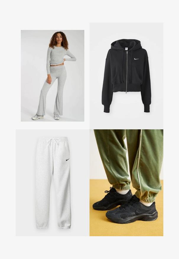 Gekürzter schwarzer Hoodie aus Baumwollmischung, mit einem Frontreißverschluss, zwei Taschen, Kapuze mit Kordelzug und einem weißen Nike-Logo auf der Brust.; Graues Langarmoberteil mit einem Twist-Detail, kombiniert mit passenden grauen Schlaghosen. Weicher, strukturierter Stoff; lässiger sportlicher Stil.; Graue Jogginghose aus weichem Stoff, ausgestattet mit einem elastischen Bund und Kordelzug sowie einem kleinen schwarzen Nike-Logo auf dem linken Oberschenkel.; Schwarze Sportsneakers aus Mesh und synthetischen Überzügen, mit strukturierten Sohlen, kombiniert mit grünen Sweatpants mit elastischen Bündchen, auf gelbem Untergrund.