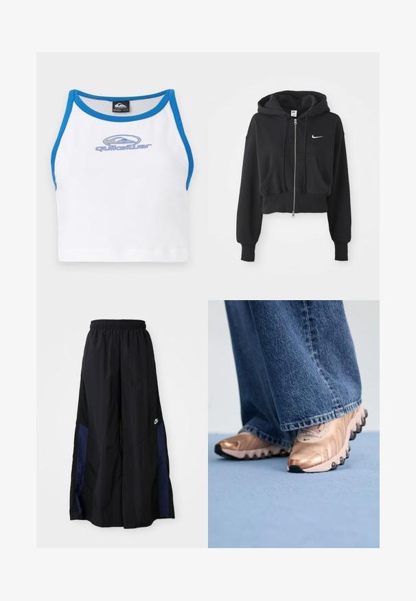 Gekürzter schwarzer Hoodie aus Baumwollmischung, mit einem Frontreißverschluss, zwei Taschen, Kapuze mit Kordelzug und einem weißen Nike-Logo auf der Brust.; Weißes Crop-Top mit blauen Akzenten und einem runden Halsausschnitt. Auf der Vorderseite befindet sich ein blauer Quiksilver-Logo. Hergestellt aus einem glatten, leichten Material.; Schwarze weit geschnittene Hose aus leichtem Stoff, mit einem dunkelblauen Seitenpanel und einem elastischen Bund. Kleines weißes Logo am unteren Ende.; Sneaker mit einem obermaterial aus metallisch rose-gold und strukturiertem Design, ausgestattet mit schwarzen Gummisohlen. Kombiniert mit weit geschnittenen blauen Jeans.