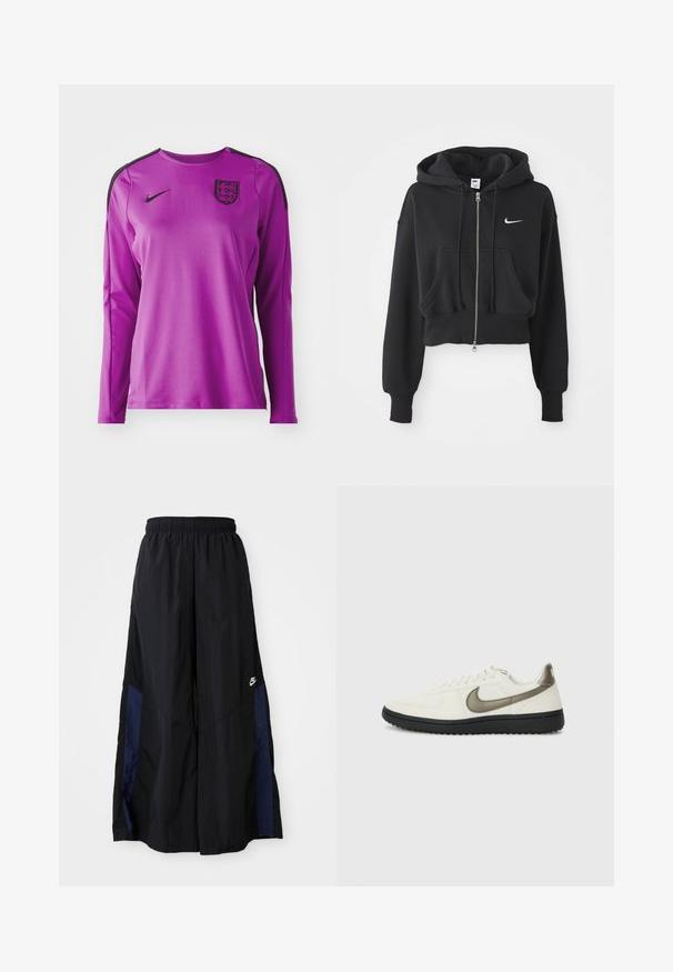 Izgriezts melns kapuci krekls, izgatavots no kokvilnas maisījuma, ar priekšējo rāvējslēdzēju, divām kabatām, kapuces stringu un Nike logo baltā krāsā uz krūtīm.; Violets garām piedurknēm sporta krekls no gluda auduma, ar melnām detaļām un Anglijas ģērboni kreisajā krūtīs. Nike logotips priekšpusē.; Melni plata kāju bikses no viegla auduma, ar tumši zilu sānu paneli un elastīgu jostu. Mazs balts logotips apakšā.; Nike Sportswear FIELD GENERAL - Treniņu apavi - off-white/black