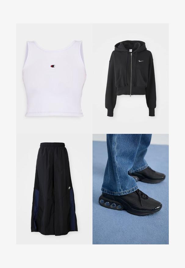 Fekete, rövidített kapucnis pulóver pamut keverékből, elöl zipzárral, két zsebbel, húzózsinóros kapucnival és fehér Nike logóval a mellrészen.; Fehér bordázott ujjatlan póló, lekerekített nyakkivágással, amelyen egy kis, piros és fekete hímzett logó található, középen a mellen.; Fekete, bő szárú nadrág könnyű anyagból, tengerészkék oldalsó panellel és elasztikus derékkal. Kicsi fehér logó az alján.; Fekete sportcipők hálós felsőrésszel, textúrázott részletekkel és a talpban látható lég párnázó zsebekkel. Kék farmernadrággal viselve.