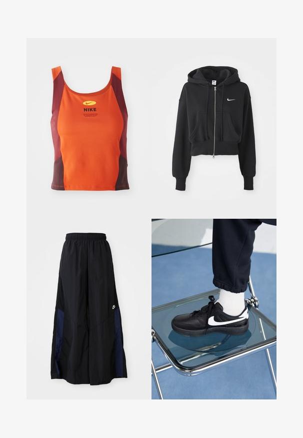 Zkrácená černá mikina z bavlněné směsi, s předním zipem, dvěma kapsami, kapucí na šňůrku a bílým logem Nike na hrudi.; Oranžový a vínový atletický crop top, vyrobený z texturované látky, s kulatým výstřihem, logem Nike a kontrastními bočními panely.; Černé kalhoty širokého střihu vyrobené z lehkého materiálu, s námořnickou modrou bočním panelem a elastickým pasem. Malé bílé logo na spodní části.; Černé tenisky Nike s bílými akcenty, s hladkou koženou texturou, šněrovacím designem a zaoblenou špičkou, umístěné na skleněné židli.