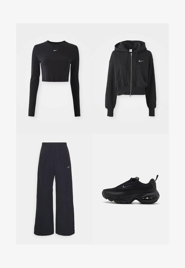 Kuttet svart hettegenser laget av bomullsblanding, med frontglidelås, to lommer, snorhette og et hvitt Nike-logo på brystet.; Svart langermet cropped topp laget av glatt stoff, med rund hals og en hvit Nike-logo på brystet.; Svarte vide bukser med elastisk linning og en liten hvit Nike-logo. Stoffet har en glatt tekstur, designet for komfort og uformell bruk.; Svart atletisk sko med en jevn, teksturert overdel. Har rund tå, polstret krage og synlig luftputefor i sålen.