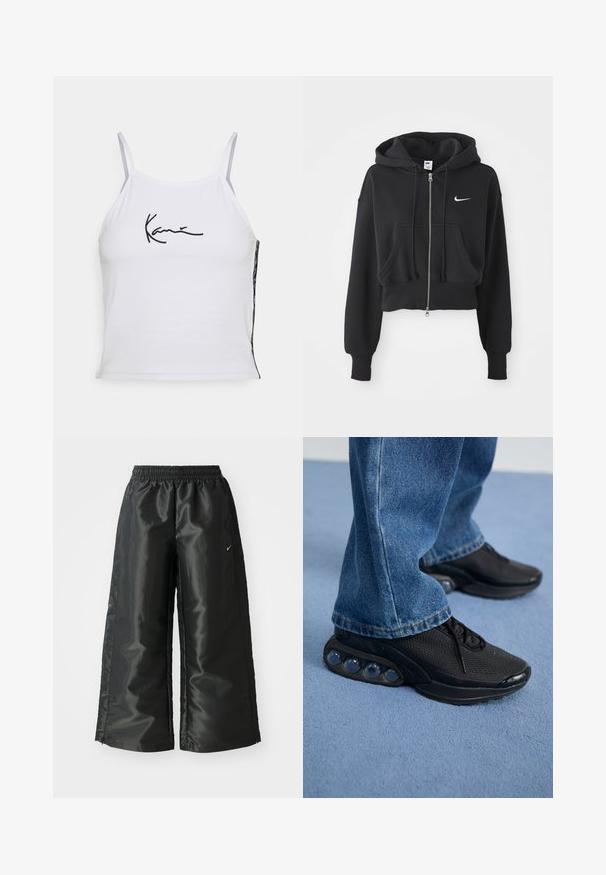 Fekete, rövidített kapucnis pulóver pamut keverékből, elöl zipzárral, két zsebbel, húzózsinóros kapucnival és fehér Nike logóval a mellrészen.; Fehér ujj nélküli crop top, pamutból készült, fekete hímezett felirattal. Az oldalsó panelen mintás szövet található, amely textúrát ad.; Fekete sportnadrág fényes, sima anyagból, rugalmas derékkal, széles lábakkal és egy kis logóval a bal oldalon.; Fekete sportcipők hálós felsőrésszel, textúrázott részletekkel és a talpban látható lég párnázó zsebekkel. Kék farmernadrággal viselve.