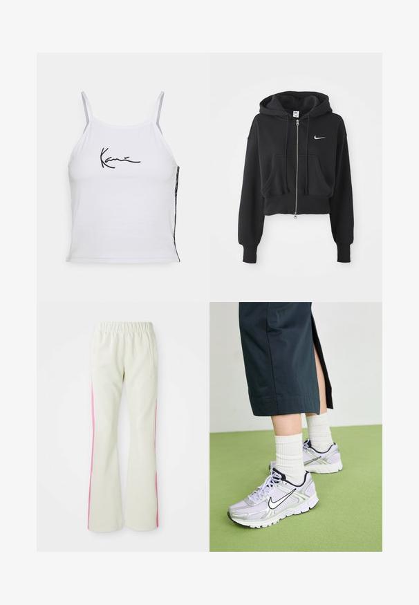 Sudadera negra recortada hecha de una mezcla de algodón, con cremallera frontal, dos bolsillos, capucha ajustable y un logo de Nike en blanco en el pecho.; Top corto sin mangas de color blanco, hecho de algodón, con texto bordado en negro. El panel lateral presenta una tela con estampado, añadiendo textura.; Pantalones de color beige claro con cinturilla elástica, con paneles laterales rosas y bolsillos laterales. Textura suave y diseño de pierna recta.; Zapatillas de running Nike en un tono lilacó con detalles plateados, logotipo negro y suela blanca. Combinadas con calcetines blancos de felpa y pantalones oscuros.