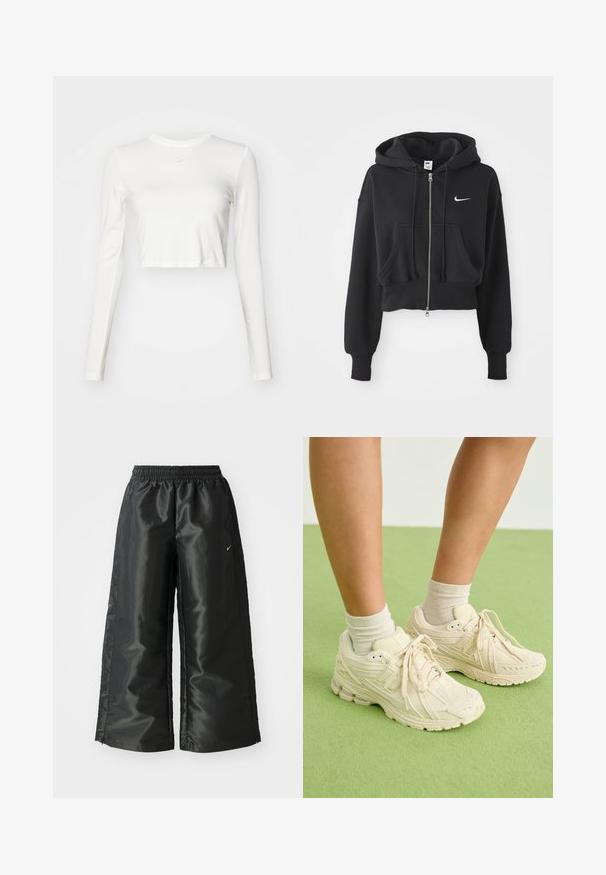 Fekete, rövidített kapucnis pulóver pamut keverékből, elöl zipzárral, két zsebbel, húzózsinóros kapucnival és fehér Nike logóval a mellrészen.; Nike Sportswear Hosszú ujjú felső - sail; Fekete sportnadrág fényes, sima anyagból, rugalmas derékkal, széles lábakkal és egy kis logóval a bal oldalon.; Világos bézs sportcipők texturált anyaggal, kerek orral és párnázott talppal. Bézs bokazoknival viselve, zöld felületen.