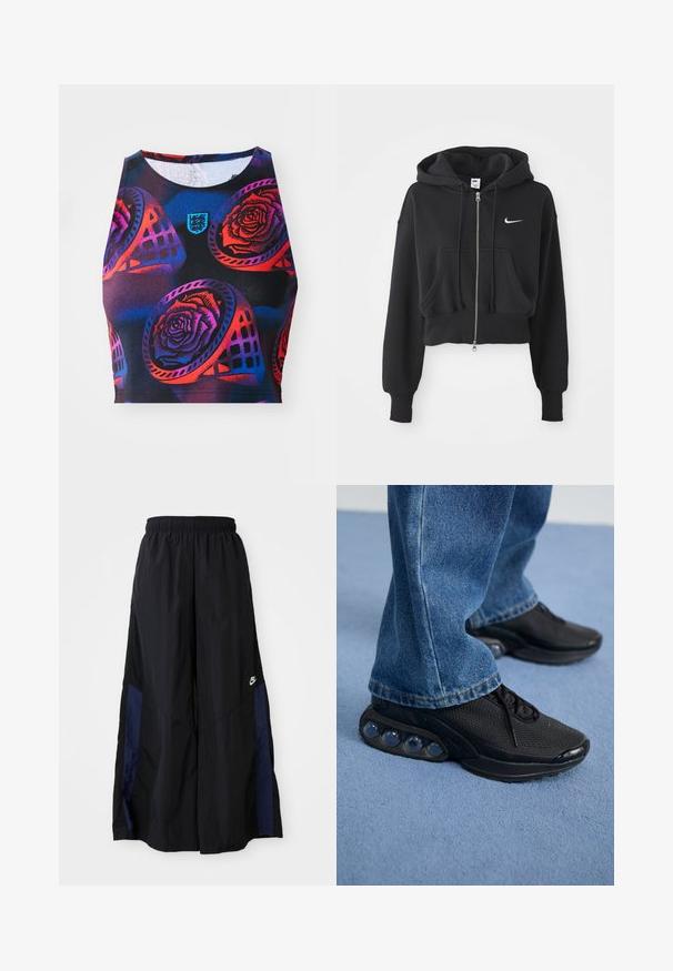 Cropped black hoodie made of cotton blend, featuring a front zip, two pockets, drawstring hood, and a Nike logo in white on the chest.; Sleeveless crop top in stretchy black fabric, featuring a multicolor floral pattern with roses and geometric shapes, and a small logo.; Black wide-leg pants made of lightweight fabric, featuring a navy blue side panel and an elastic waistband. Small white logo on bottom.; Black athletic sneakers with mesh upper, textured accents, and visible air cushioning pods in the sole. Worn with blue denim jeans.