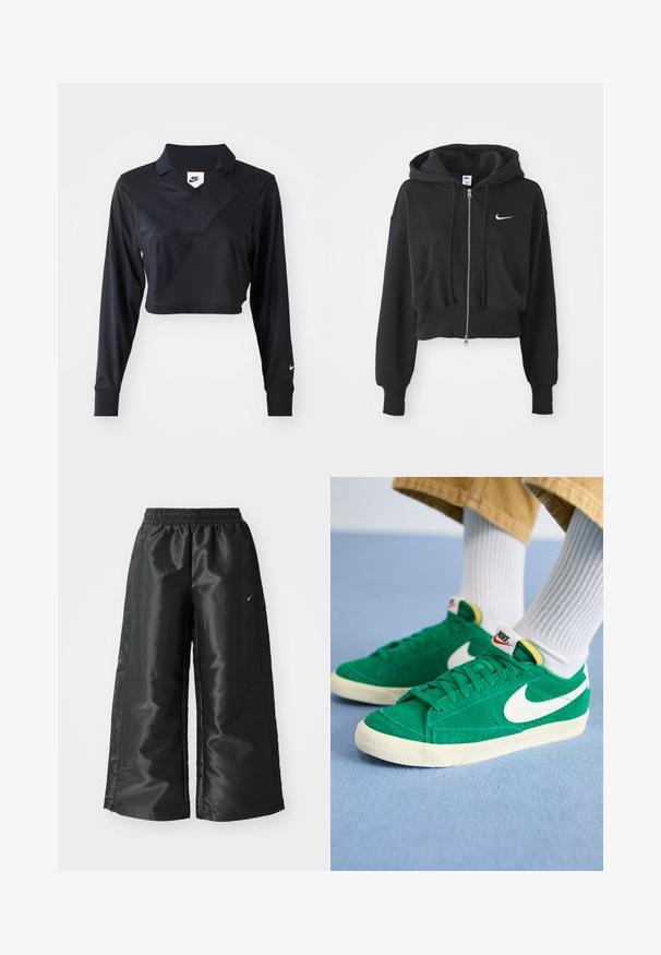 Moletom preto cortado feito de uma mistura de algodão, com fecho à frente, dois bolsos, capuz com cordão e um logo da Nike em branco no peito.; Camisola polo preta de mangas longas e cropped com decote em V, apresentando um design de costura diagonal, textura suave e um logótipo da Nike na manga.; Calças atléticas pretas com um tecido brilhante e suave, apresentando uma cintura elástica, pernas largas e um pequeno logotipo do lado esquerdo.; Sapatilhas verdes em camurça com o swoosh branco da Nike, sola de borracha e colarinho almofadado. Parte superior texturizada com atacadores planos e detalhes em cores vibrantes.