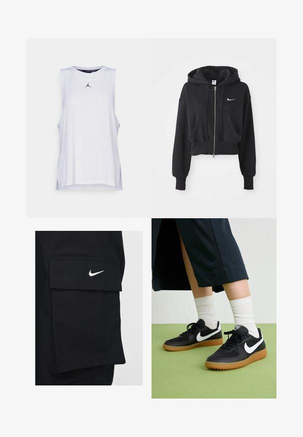 Hanorac scurt de culoare neagră, realizat dintr-un amestec de bumbac, cu fermoar frontal, două buzunare, glugă cu șnur și un logo Nike alb pe piept.; Top alb fără mâneci, confecționat din bumbac, cu decolteu rotund și feronerie pe laturi. Mic logo negru Jordan pe piept.; Shorts cargo negri dintr-un material texturat, având o mare buzunar lateral și un logo alb Nike pe față.; Sneakers negre din piele și material sintetic cu logo-ul alb Nike, talpă din cauciuc, vârful rotund și șireturi negre. Șosete albe cu nervuri vizibile.