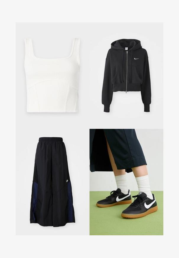 Gekürzter schwarzer Hoodie aus Baumwollmischung, mit einem Frontreißverschluss, zwei Taschen, Kapuze mit Kordelzug und einem weißen Nike-Logo auf der Brust.; Weißes geripptes Crop-Top mit quadratischer Ausschnitt, dicken Schulterträgern und Nahtdetails. Weicher Stoff mit strukturierter Oberfläche.; Schwarze weit geschnittene Hose aus leichtem Stoff, mit einem dunkelblauen Seitenpanel und einem elastischen Bund. Kleines weißes Logo am unteren Ende.; Schwarze Leder- und synthetische Sneakers mit weißem Nike-Swoosh, Gummisohle, runder Spitze und schwarzen Schnürsenkeln. Gestreifte weiße Socken sind sichtbar.