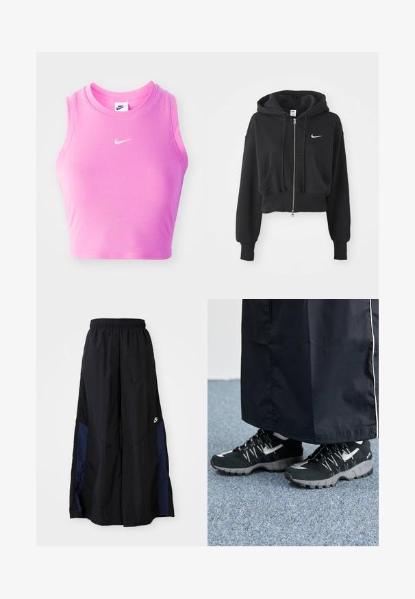 Lyhennetty musta huppari, joka on valmistettu puuvillasekoitteesta, ja siinä on edessä vetoketju, kaksi taskua, nyörillinen huppu sekä valkoinen Nike-logo rinnassa.; Vaaleanpunainen hihaton crop-top, joka on valmistettu ribbikankaasta. Siinä on pyöreä kaula-auko ja pieni valkoinen Nike-logon swoosh etuosassa.; Musta leveälahkeinen housu, joka on valmistettu kevyestä kankaasta. Housuissa on tummansininen sivupaneeli ja joustava vyötärö. Alhaalla on pieni valkoinen logo.; Mustat urheilukengät, joissa on teksturoitu päällinen, hopeiset yksityiskohdat ja kuvioitu ulkopohja, yhdistettynä mustaan pitkään vaatteeseen. Taustalla sininen matto.
