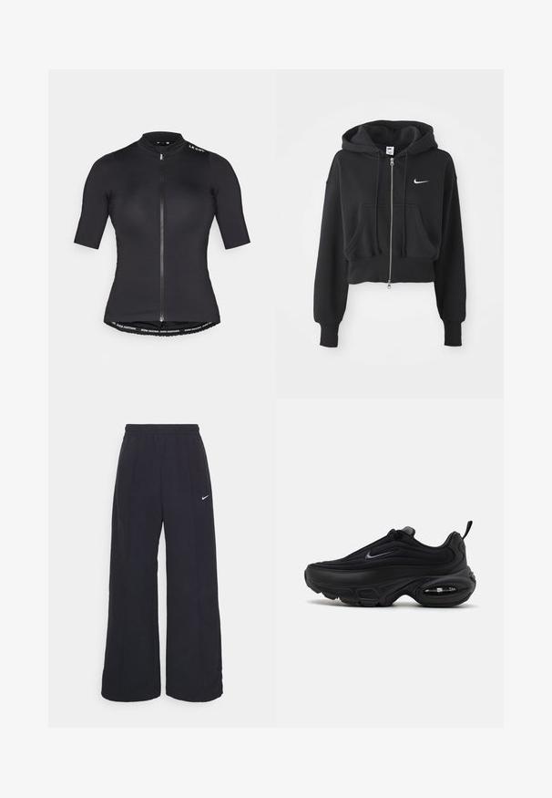 Lyhennetty musta huppari, joka on valmistettu puuvillasekoitteesta, ja siinä on edessä vetoketju, kaksi taskua, nyörillinen huppu sekä valkoinen Nike-logo rinnassa.; Lyhythihainen pyöräilypaita mustana, jossa on etuvetoketju, korkea kaulus ja brändätty nauha alareunassa. Sileä, kevyt kangas.; Mustat leveät housut, joissa on joustava vyötärönauha ja pieni valkoinen Nike-logo. Kangas on sileä, suunniteltu mukavuutta ja rentoa käyttöä varten.; Musta urheilukenkä, jossa on sileä, teksturoitu päällinen. Varustettu pyöreällä kärjellä, pehmustetulla nilkalla ja näkyvällä ilmanalenkulalla pohjassa.