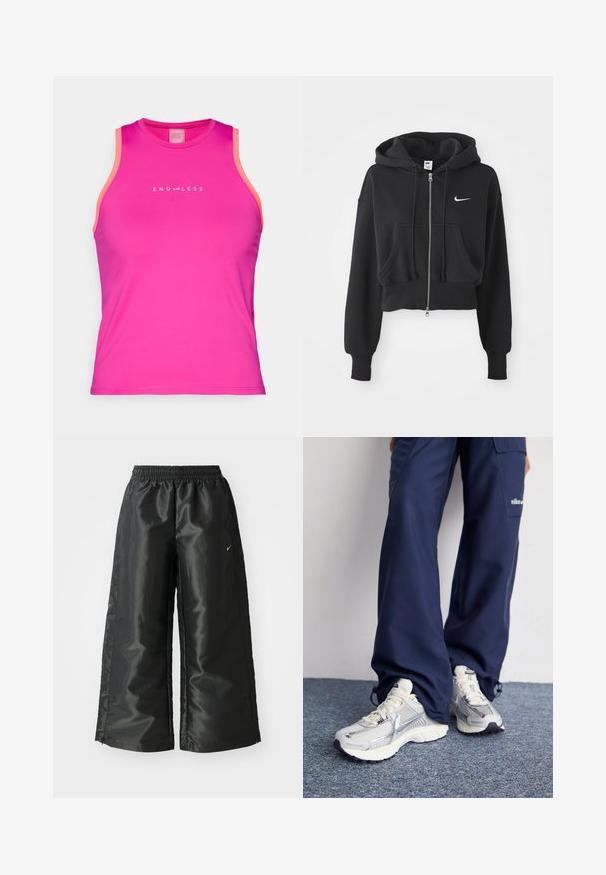 Lühi must puhvka, mis on valmistatud puuvilla segust, ees lukuga, kahe tasku, reguleeritava kapuutsiga ja valge Nike logo rinnal.; Endless ESSENTIAL - Topp - deep fucsia; Mustad mustad sportsipüksid läikiva, siledaga kangaga, pa elastse vöökoha, laia sääre ja väikese logoga vasakul küljel.; Nike spordijalatsid hõbedase võrkkanga ülaosaga, valgete aktsentidega ja tekstuuriga tallad, koos laia lõikega tumesiniste pükstega.