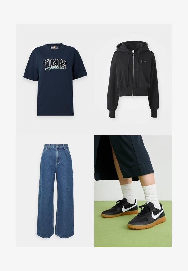 Cropped black hoodie made of cotton blend, featuring a front zip, two pockets, drawstring hood, and a Nike logo in white on the chest.; Navy blue cotton t-shirt with a relaxed fit. Features a graphic design with "TIMBS Authentic" in contrasting colors. Short sleeves, crew neck.; Wide-leg blue denim trousers with a high waist, contrasting stitching, and side pockets, featuring a classic five-pocket design and raw hems.; Black leather and synthetic sneakers with white Nike swoosh, rubber gum sole, round toe, and black laces. Ribbed white socks visible.