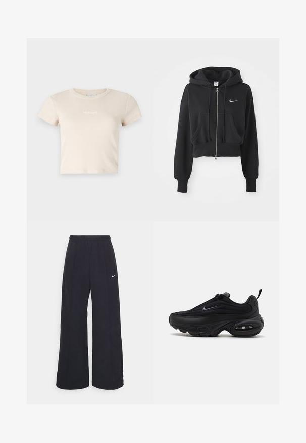 Cropped black hoodie made of cotton blend, featuring a front zip, two pockets, drawstring hood, and a Nike logo in white on the chest.; Beige cropped t-shirt made of ribbed fabric, featuring a round neckline and short sleeves. Includes a small contrasting logo on the front.; Black wide-leg pants with an elastic waistband and a small white Nike logo. Fabric has a smooth texture, designed for comfort and casual wear.; Black athletic shoe with a smooth, textured upper. Features a round toe, padded collar, and visible air cushioning in the sole.