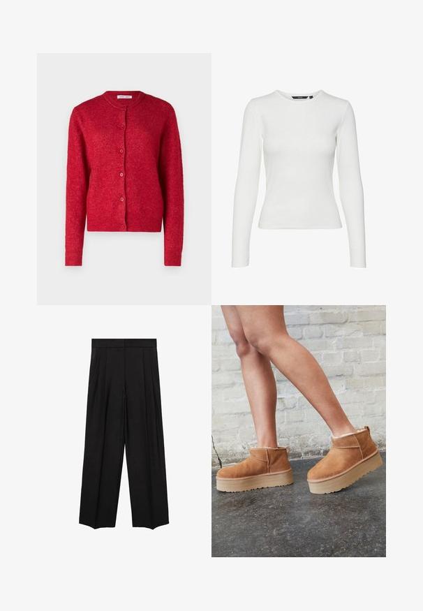 Crvena kardigan s okruglim izrezom, dugim rukavima i kopčanjem na gumbe. Izrađen od mekanog materijala s blago teksturiranom površinom.; Bijela košulja dugih rukava od rebrastog materijala, s okruglim izrezom i krojem koji se dobro prilagođava tijelu. Nema vidljivih uzoraka ili akcenta.; Mango SMOCK - Hlače - black; Smeđi antilop čizmi do gležnja s mekanim postavljanjem, debljim bež platformski potplat i stražnjim povlačnim trakama. Teksturirana površina s vidljivim šavovima.