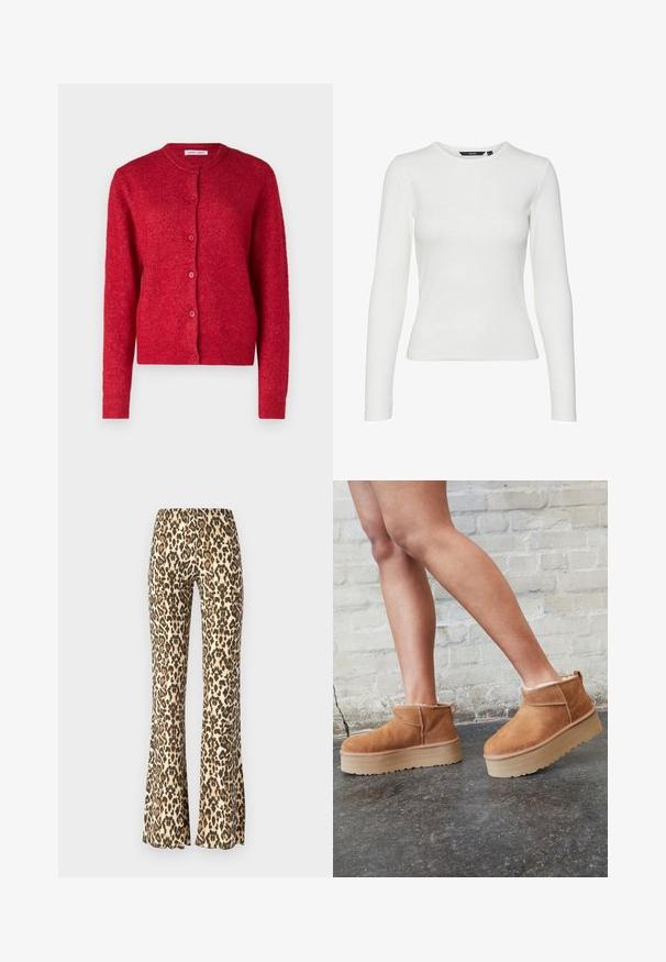 Crvena kardigan s okruglim izrezom, dugim rukavima i kopčanjem na gumbe. Izrađen od mekanog materijala s blago teksturiranom površinom.; Bijela košulja dugih rukava od rebrastog materijala, s okruglim izrezom i krojem koji se dobro prilagođava tijelu. Nema vidljivih uzoraka ili akcenta.; Pantalone s leopard uzorkom u boji smeđe i crne, s glatkom teksturom i uskim strukom koji se širi od koljena prema dolje.; Smeđi antilop čizmi do gležnja s mekanim postavljanjem, debljim bež platformski potplat i stražnjim povlačnim trakama. Teksturirana površina s vidljivim šavovima.