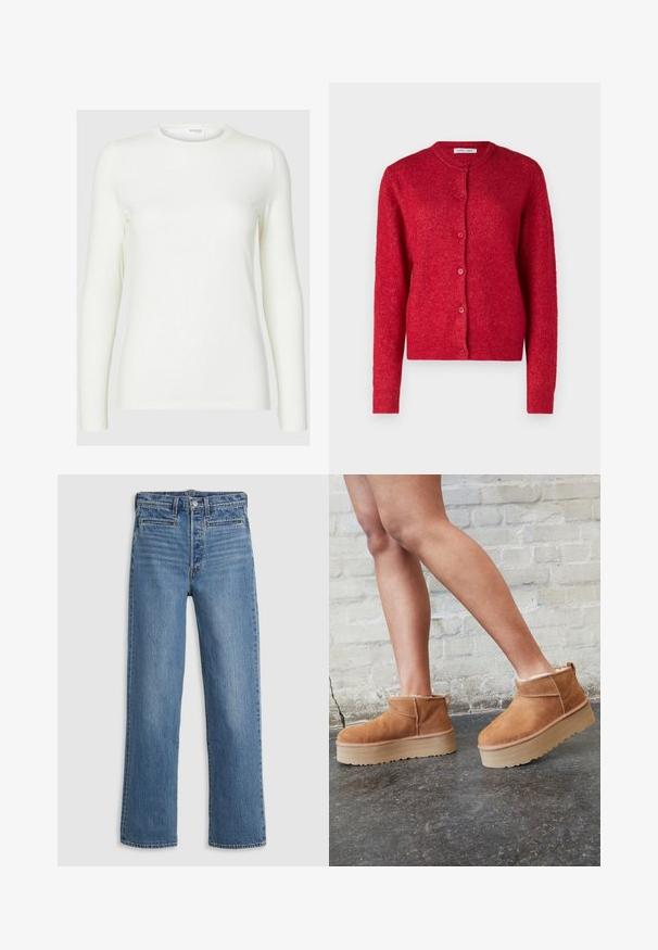 Rød cardigan med rund halsudskæring, lange ærmer og knaplukning. Fremstillet af blødt materiale med en let struktureret overflade.; Langærmet hvid top lavet af blødt stof med rund hals, der har en glat tekstur og en tætsiddende silhuet. Ingen synlige mønstre eller accenter.; Lys blå, lige ben jeans lavet af denim. Funktioner inkluderer en knaplukning, fem lommer og diskret slid. Ingen udsmykninger eller mønstre.; Brune ruskinds ankelsko med en blød foring, tyk beige plattformsål og en bageste løkke. Tekstureret overflade med synlige sømdetaljer.
