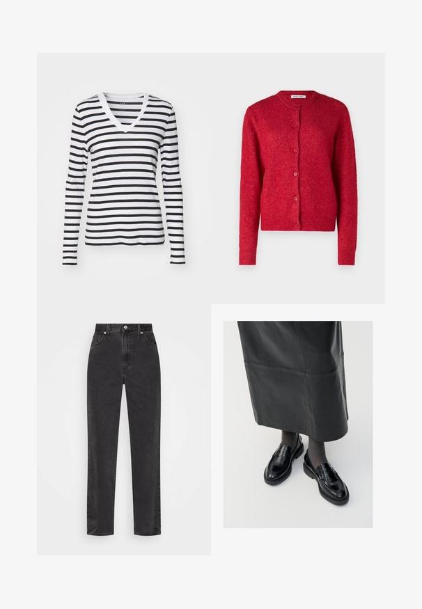 Czerwony kardigan z okrągłym dekoltem, długimi rękawami i zapięciem na guziki. Wykonany z miękkiego materiału o lekko teksturowanym wykończeniu.; Czarny i biały T-shirt z długim rękawem w poziome paski, wykonany z miękkiej tkaniny o dopasowanym kroju i kontrastowym dekolcie w kształcie V.; Czarne dżinsy o prostych nogawkach z wysokim stanem, z przodem zapinanym na guzik i zamek, oraz pięcioma kieszeniami na białym tle.; Czarne skórzane mokasyny o gładkim wykończeniu, z ozdobnym paskiem, okrągłym noskiem i teksturowaną podeszwą. Noszone z długą czarną skórzaną spódnicą.