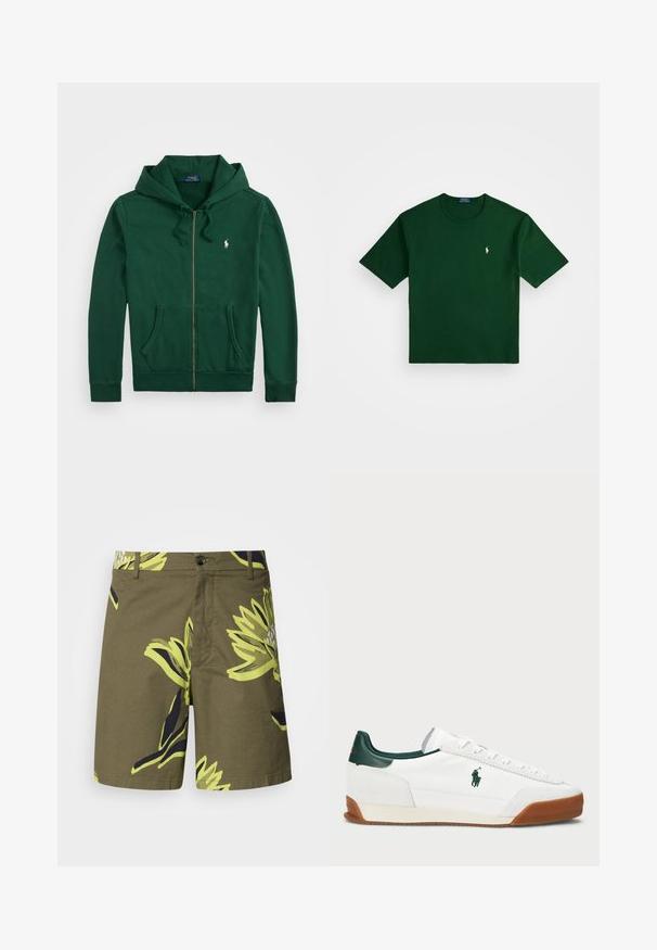 Sötétzöld zipzáras kapucnis pulóver elülső zsebekkel, húzózsinórokkal és egy kis fehér logóval a bal mellrészen.; Polo Ralph Lauren RELAXED FIT LOGO JERSEY T-SHIRT - Nyomott mintás póló - northwest pine; Olívazöld rövidnadrág nagy sárga és sötétkék virágmintával, könnyű anyagból készült, gombos záródással és oldalsó zsebekkel.; Fehér sneaker zöld bőr részletekkel és homokszínű gumitalppal. Textilből készült, oldalt kiemelkedő logóval. Fűzős kialakítás.