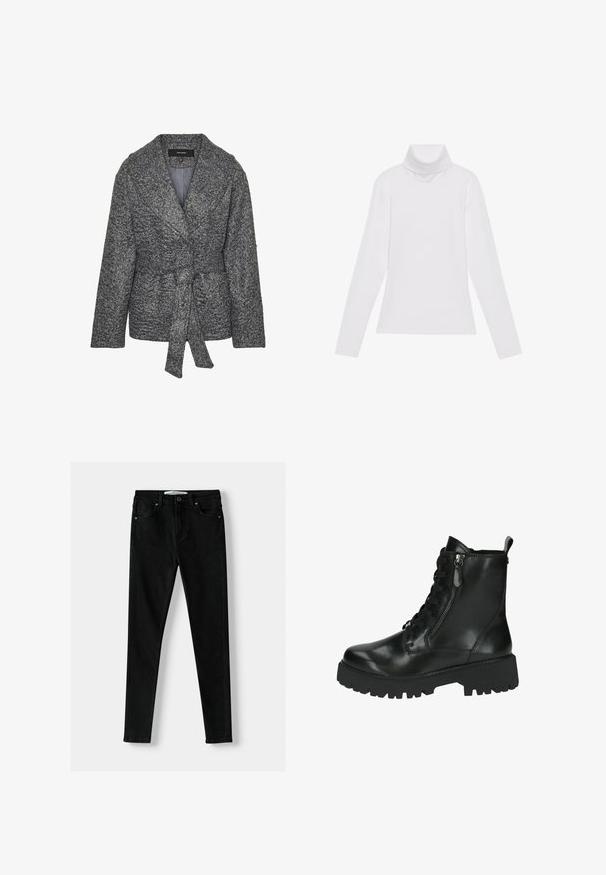Šedý texturovaný kabát s vázankou a širokým límcem. Je vyroben z měkkého pleteného materiálu s mírně volným střihem. Vnitřní část je podšitá.; Bílý dlouhý rukáv rolák vyrobený z hladkého, elastického materiálu. Má vysoký límec a přiléhavý střih, bez viditelných vzorů nebo ozdob.; Černé slim-fit džíny vyrobené z denimu, s klasickým pětipocket designem, zipovým zapínáním a kovovým knoflíkem. Hladká textura po celé ploše.; Černé kožené kotníkové boty s lesklým povrchem, šněrováním vpředu, bočním zipem a texturovanou robustní gumovou podrážkou.
