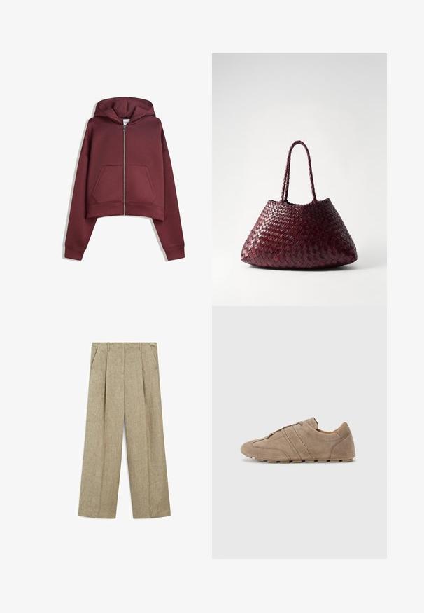 Haut à capuche court zippé maroon avec poches avant et manches longues, présenté à plat sur fond blanc.; T-shirt blanc uni à manches courtes et col ras du cou, ajusté, présenté à plat sur un fond blanc.; Pantalons larges beige clair avec des plis, dotés de deux poches latérales et d'un tissu en lin texturé.; Chaussures en suedine beige avec une profil bas, présentant des coutures et une surface texturée, complétées par des semelles extérieures en caoutchouc offrant une traction.; DRAGON DIFFUSION SANTA CROCE BIG - Sac à main - bordo