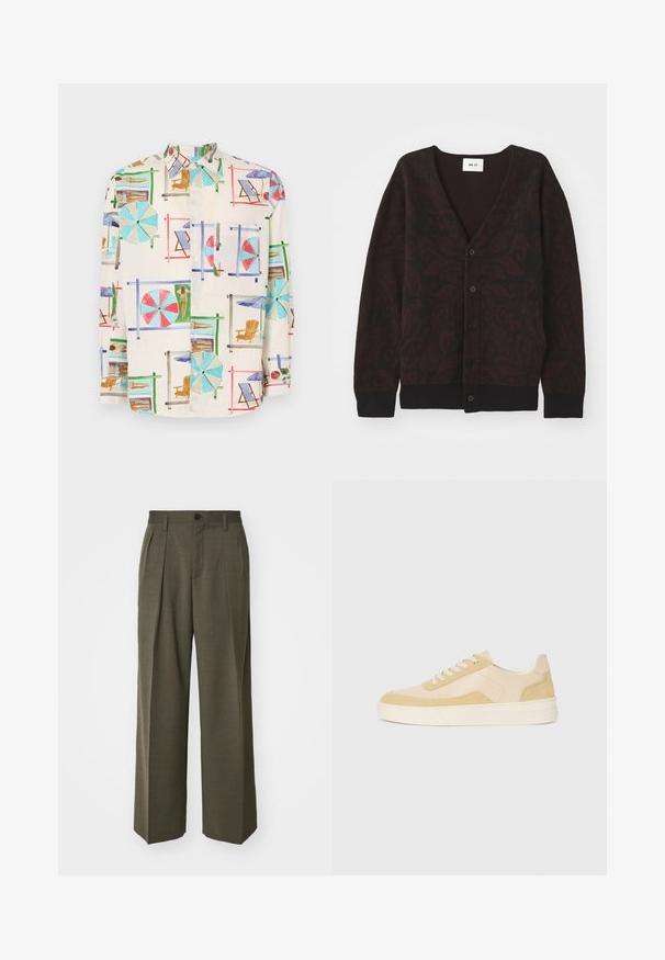 NN.07 MICHAEL CARDIGAN - Vesta na kopčanje - black; Košulja kratkih rukava od lagane tkanine, s printom šarene plaže koji prikazuje suncobrane, stolice i sunčane kupanje.; Filippa K WIDE TROUSERS - Hlače - driftwood; Tenisice u svijetložutom zamahu i koži, s uloškom za udobnost i šivenim detaljima. Klasičan dizajn na vezanje s okruglim vrhom.