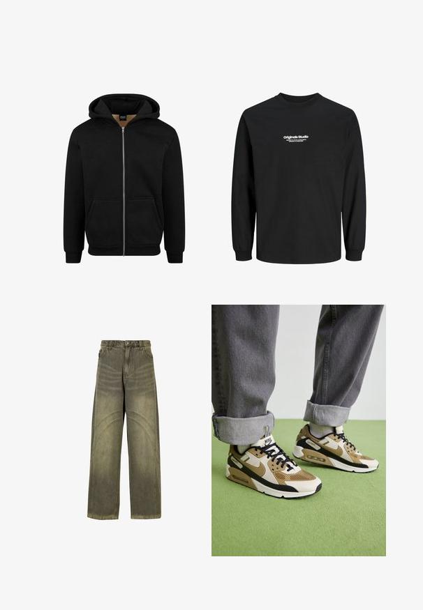 Must värviga tõmblukuga kapuutsiga jakki, mis on valmistatud pehmest kangast. Omab nööriga kapuutsi, esi-taskuid ning soonikuga varrukaid ja hemmi. Lihtne, juhuslik kujundus.; Mustast pikast varrukast T-särgil, mis on valmistatud puuvillast. Omab ümarat kaela ja valget trükitud teksti. Lõdva istuvusega ja ribadega mansetid.; Laiene säärega oliivrohelised teksad, millel on kaarjad õmbluste aktsentid, klassikaline nööpkinnitus ja pleekinud viimistlus.; Nike Air Max 90 tossud beezhi ja musta värvi, mis on valmistatud võrgust ja nahast, nähtava pehmendusega ning mustade paeltega.