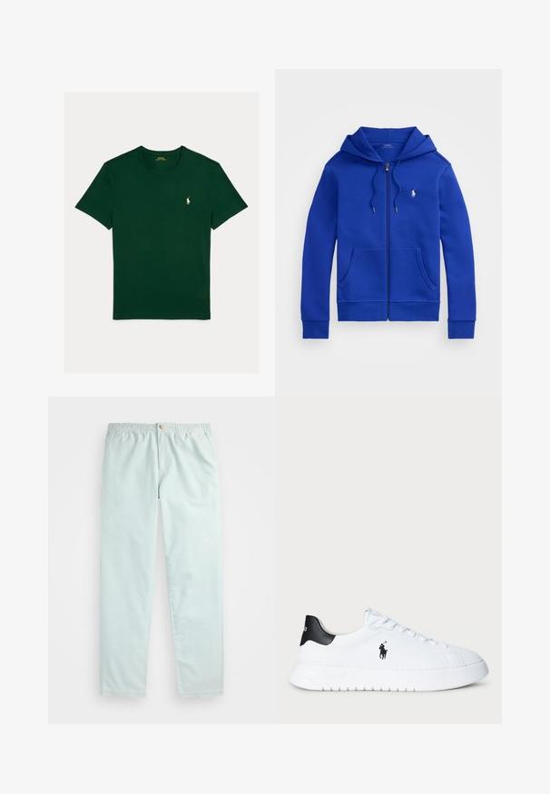 Casaco com fecho éclair azul, com bolsos frontais, capuz com cordão e pequeno logótipo branco da Polo Ralph Lauren no peito.; Polo Ralph Lauren CUSTOM SLIM FIT JERSEY CREWNECK T-SHIRT - T-shirt básica - moss agate; Calças azul claro, de corte descontraído, com um cós elástico, apresentando bolsos laterais e um fecho de botão único na frente.; Sapatilhas brancas de cano baixo com tabuleiro de calcanhar preto e logótipo da Polo Ralph Lauren em preto na lateral, apresentando atacadores brancos e sola de borracha grossa.