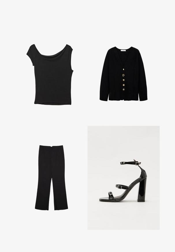 Črni cardigan z V-izrezom, dolgimi rokavi in petimi okrasnimi gumbi v različnih zlatih stilih spredaj. Mehka tkanina z blagim teksturnim videzom.; Črna kratka majica s kratkimi rokavi iz gladkega blaga; ima drapiran izrez in asimetrično spodnjo rob, s prilegnjenim telesom.; Črne hlače ravnega kroja z naglavnimi žepi in stranskimi razporki na robu. Narejene iz mehke, gladke tkanine. Primerne za različne priložnosti.; Črne lakirane sandale s peto, kvadratnim prstom, trakovi okrog gležnja in srebrnimi zaponkami. Opremljene so s stabilno Debelo peto.