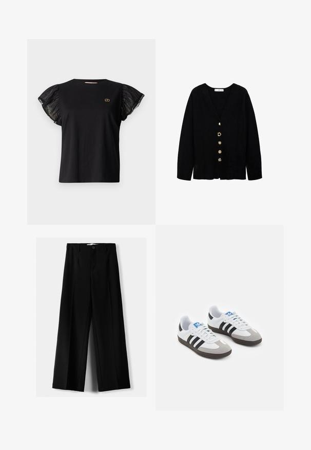 Sort cardigan med V-udskæring, lange ærmer og fem dekorative knapper i forskellige guldstilarter foran. Blødt stof med let struktur.; Sort t-shirt med korte, transparente volangærmer og et subtilt metallisk mønster, med et lille guldlogo på brystet.; Sorte brede bukser lavet af letvægtsstof, med frontknaplukning og glat front, samt pænt syede kanter.; Sportsko med en overdel i hvid læder, grå ruskind på tåen og tre sorte striber. Har et blåt logo på tungen og en struktureret gummisål.