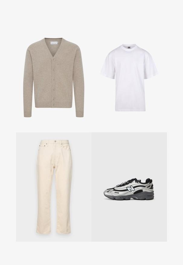 Bežinis kardiganas, pagamintas iš minkštos medžiagos, turintis V formos iškirptę, septynių mygtukų užsegimą, raukšlėtus rankogalius ir apatinę dalį, su lygiu paviršiumi.; Balta medvilnės marškinėliai su apvaliu iškirpimu, trumpomis rankovėmis ir laisvu siluetu. Turi paprastą dizainą be raštų ar akcentų.; Kreminės spalvos medvilninės kelnės su tiesia kojų forma. Yra užtrauktukas, penkios kišenės ir subtilūs siuvinėjimo akcentai. Tekstūruotas audinio paviršius.; Sidabrinės ir juodos sportinės bateliai su tinkliniu viršumi, paminkštintu padu, raištelių užsegimu ir šoniniu logotipu.