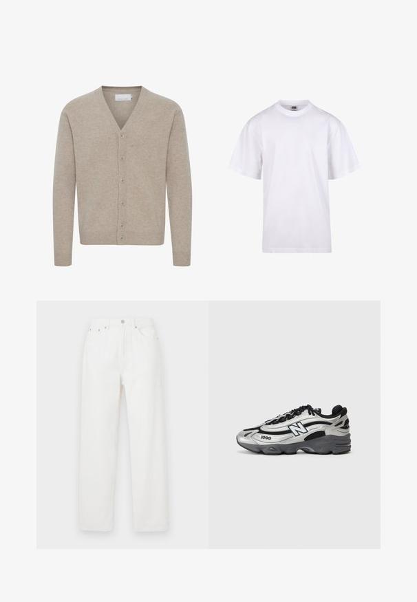 Beige neuletakki, joka on valmistettu pehmeästä kankaasta ja jossa on V-pääntie, seitsemän napin sulkeminen, ribbauskankaiset hihansuut ja helma, sekä sileä pinta.; Valkoinen puuvillapaita, jossa on pyöreä kaula-aukko, lyhyet hihat ja rento leikkaus. Ominaisuuksina yksinkertainen muotoilu ilman kuvioita tai yksityiskohtia.; Valkoiset denimpantsit, joissa on rento istuvuus. Mallissa on viisi taskua, edessä nappikiinnitys ja suorat lahkeet. Pintakuvio on sileä, ilman näkyviä kuvioita.; Hopeanväriset ja mustat urheilukengät, joissa on verkkosynteettinen päällinen, pehmustettu pohja, nauhakiinnitys ja sivupainatus.